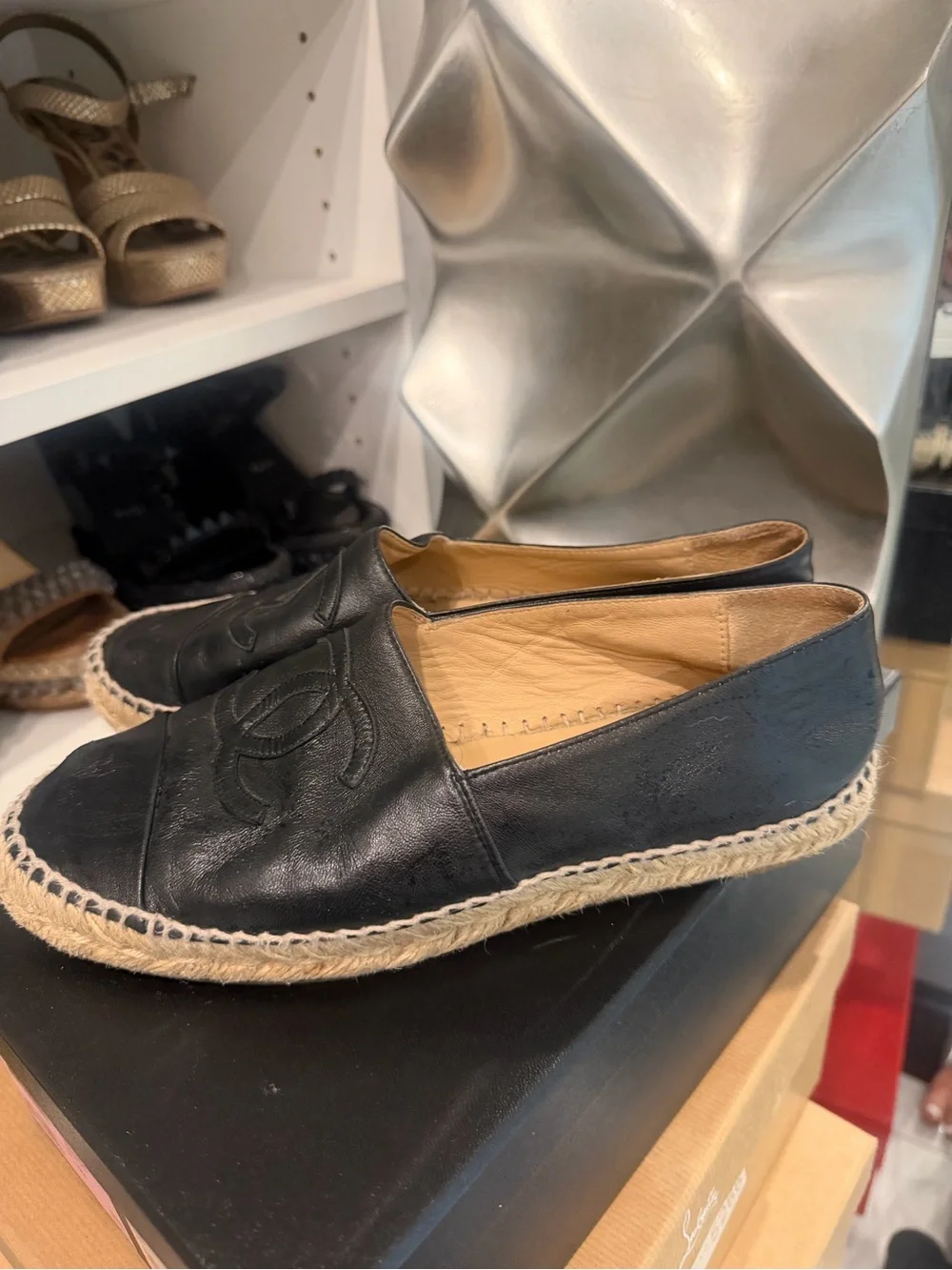 CHANEL Black Leather Espadrille Flats with CC Logo
